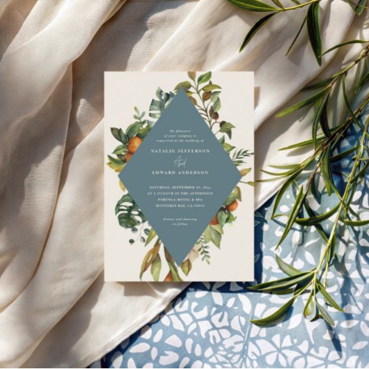 Carte Mariage botanique d'agrumes orange bleu