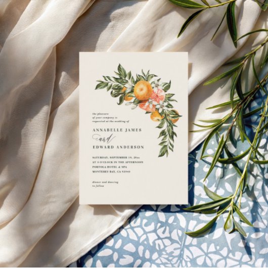 Carte Mariage botanique de fleurs d'agrumes orange