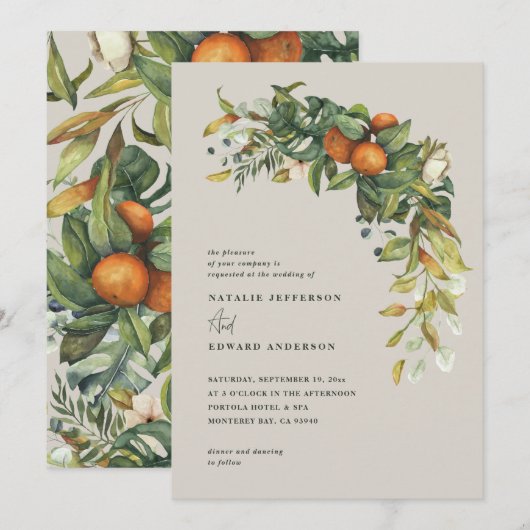 Carte Mariage botanique orange gris agrumes (Devant / Derrière)