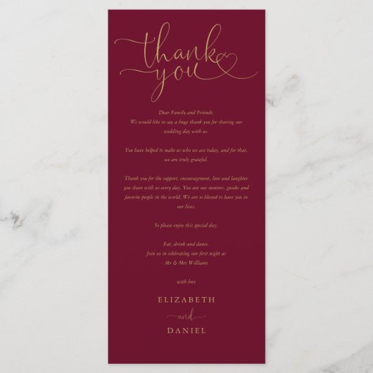 Carte Mariage Burgundy Gold Script Merci (Devant)