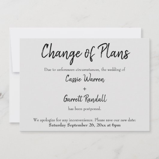 Carte Mariage "Changement de plan" noir sur gris (Devant)