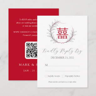 Carte Mariage chinois moderne RSVP avec QR Code (rouge)