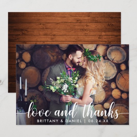 Carte mariage Couple Photo Wood Love and Thanks (Devant / Derrière)