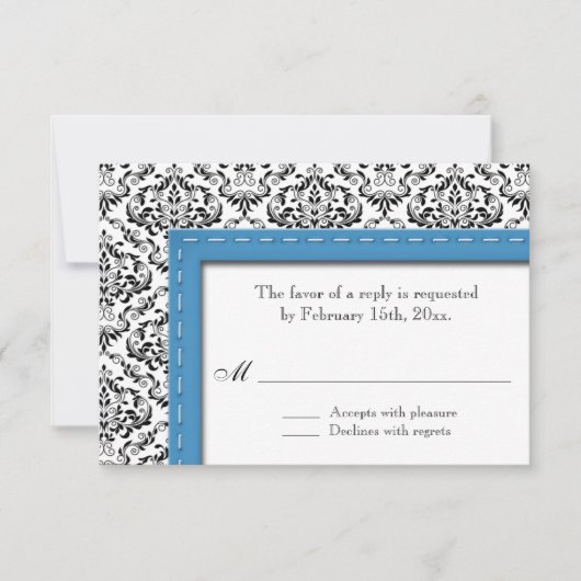 Carte Mariage damassé Bleu avec pointillé Réponse (Devant)