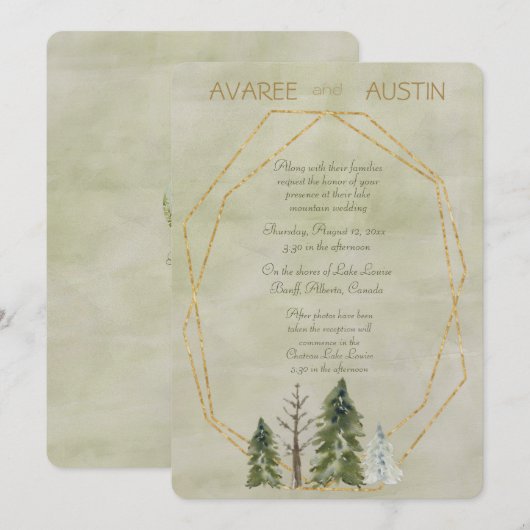 Carte Mariage dans les pins Vert et Or (Devant / Derrière)