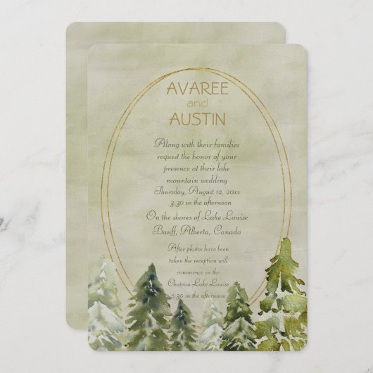Carte Mariage dans les pins Vert et Or (Devant / Derrière)