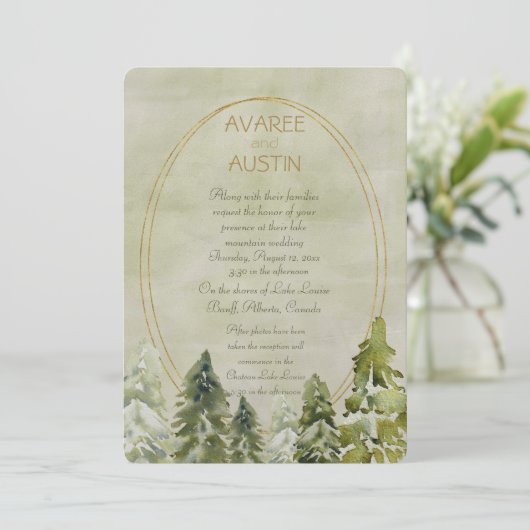 Carte Mariage dans les pins Vert et Or (Debout devant)