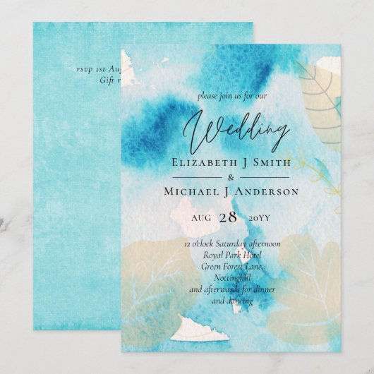 Carte MARIAGE d'aquarelle BUDGET Sea Glass Shades (Devant / Derrière)