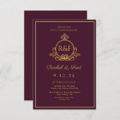 Carte Mariage de calligraphie dorée, rouge foncé (Devant / Derrière)