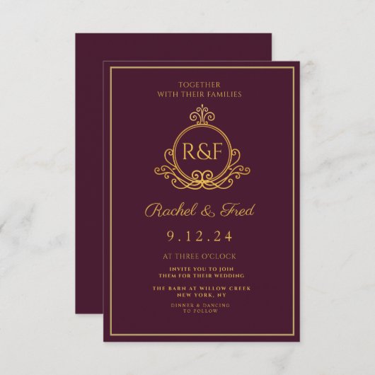 Carte Mariage de calligraphie dorée, rouge foncé (Devant / Derrière)