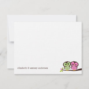 Carte Mariage de Chouettes vertes et roses