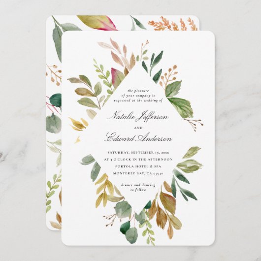 Carte Mariage de feuillage vert, brun et or (Devant / Derrière)