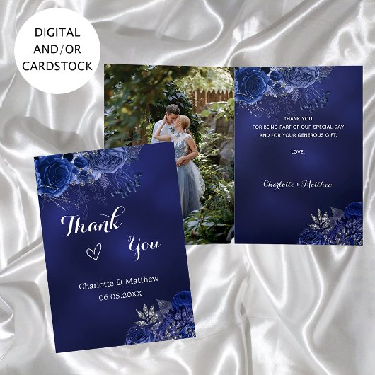 Carte Mariage de fleurs de photo bleu marine merci