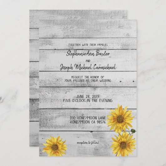 Carte Mariage de fleurs de soleil en bois blanc ru (Devant / Derrière)