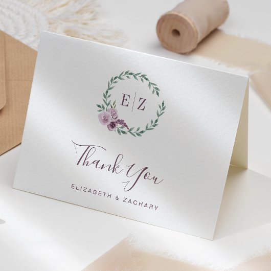 Carte Mariage de Merci de monogramme de couronne de fleu