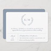 Carte Mariage de monogramme de serrure en feuillage bleu (Devant / Derrière)