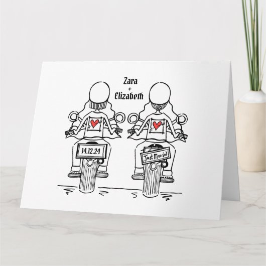 Carte Mariage de motocyclette de deux mariées (Devant)