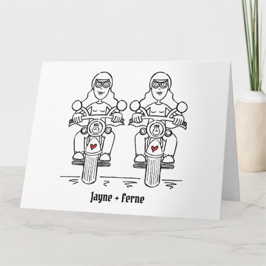 Carte Mariage de motocyclette de deux mariées (Devant)