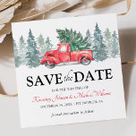 Carte Mariage de Noël de Camion rouge Sauvez la date<br><div class="desc">Mariage d'hiver rustique enregistrez les cartes datant d'un simple arrière - plan blanc,  d'épinettes de noël aquarelle,  d'un camion rouge vintage,  d'un arbre de Noël,  et d'un modèle traditionnel enregistrer la date qui est facile à personnaliser.</div>