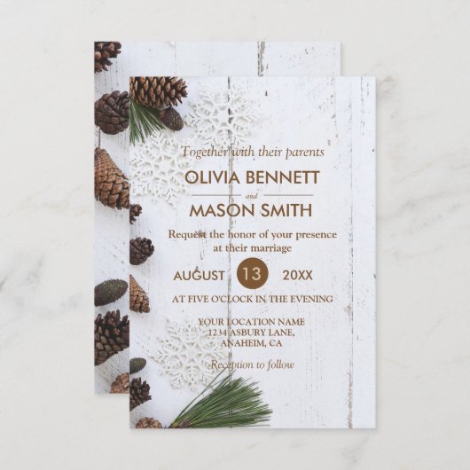 Carte Mariage de Pinecone et Snowflakes d'hiver (Devant / Derrière)