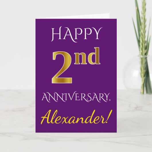 Carte Mariage de Purple, Faux Or 2e Anniversaire + Nom (Devant)