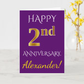 Carte Mariage de Purple, Faux Or 2e Anniversaire + Nom (Fleur jaune)