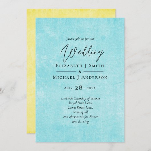 Carte MARIAGE de script jaune Turquoise BUDGET (Devant / Derrière)