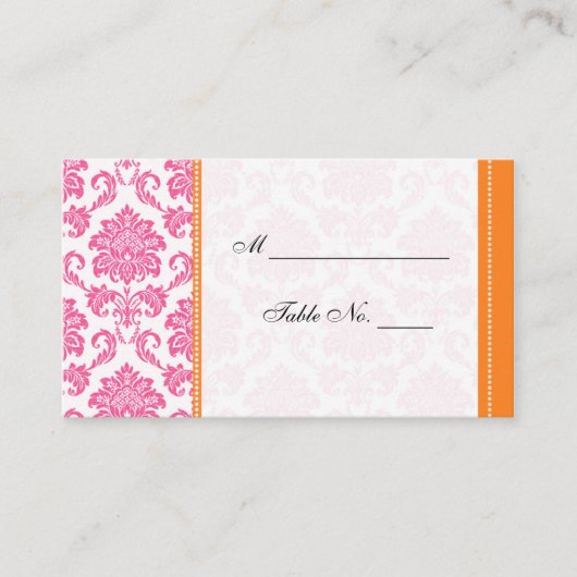 Carte mariage de table en damas rose et orange (Devant)