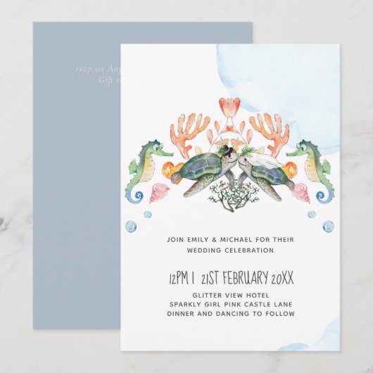 Carte Mariage de tortues de mer avec mariée et chambre (Devant / Derrière)