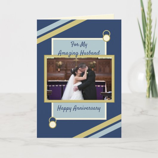 Carte Mariage du mari Anniversaire bleu or photo (Devant)