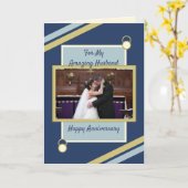 Carte Mariage du mari Anniversaire bleu or photo (Fleur jaune)