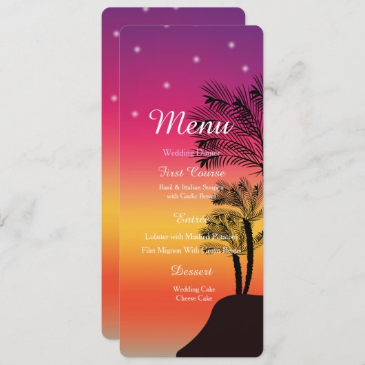 Carte Mariage du MENU Tropical Sunset Palm Tree Be (Devant / Derrière)
