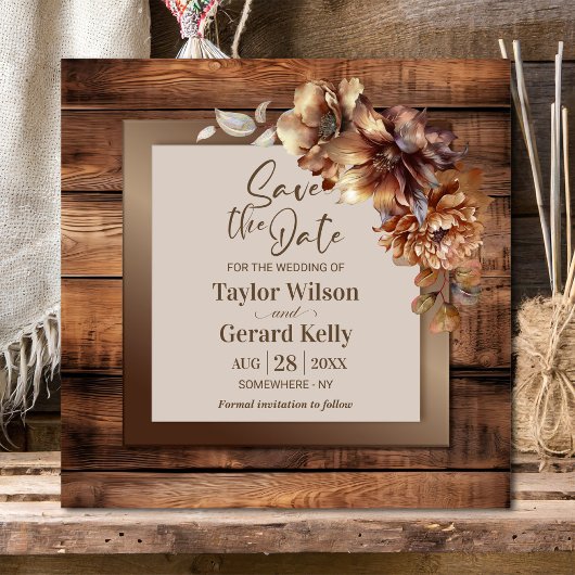 Carte Mariage en bois floral rustique Enregistrer la dat
