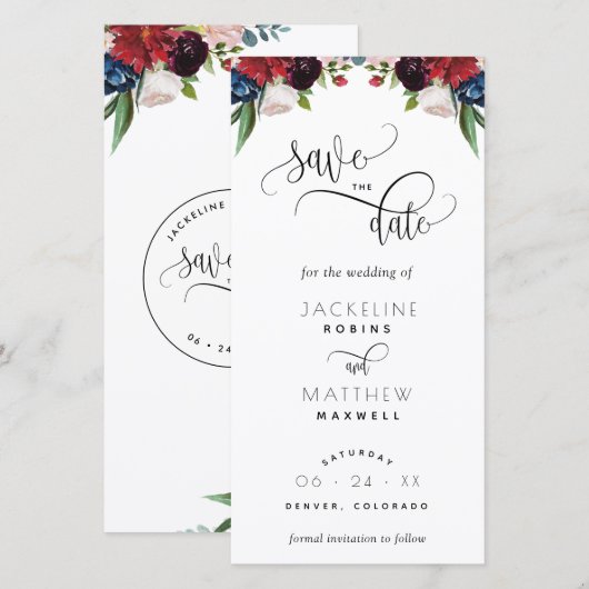 Carte Mariage en Bourgogne et en Bleu Enregistrer la dat (Devant / Derrière)