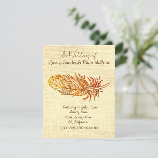 Carte Mariage en toile de plumes dorées (Debout devant)