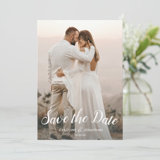 Carte Mariage Enregistrer la date 2 Photos Joli Script P (Debout devant)