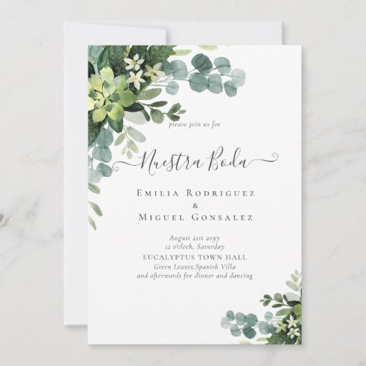 Carte Mariage espagnol NUESTRA BODA Eucalyptus Verdure (Devant)