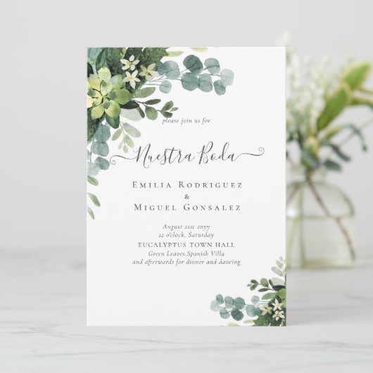 Carte Mariage espagnol NUESTRA BODA Eucalyptus Verdure (Debout devant)