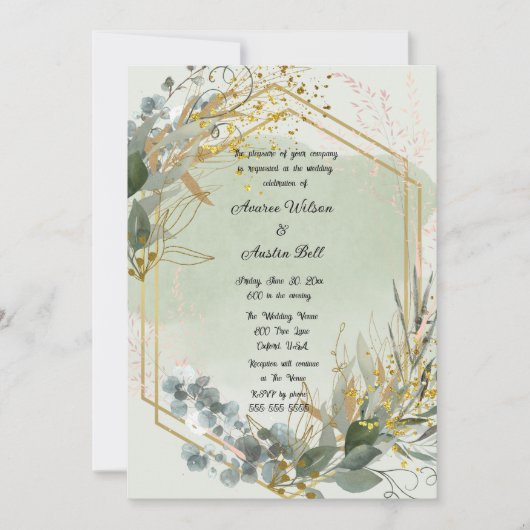 Carte Mariage Eucalyptus Vert Cadre Or (Devant)