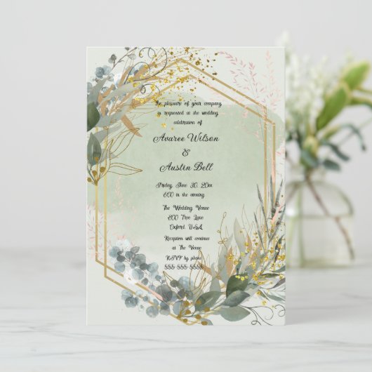 Carte Mariage Eucalyptus Vert Cadre Or (Debout devant)