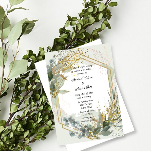 Carte Mariage Eucalyptus Vert Cadre Or