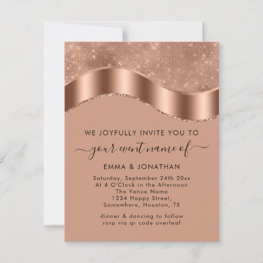 Carte Mariage Événement Mariée Code QR Rose Frontière or (Devant)