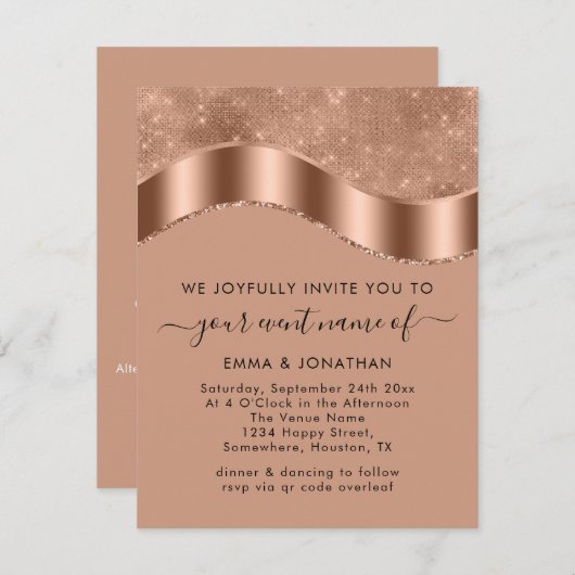 Carte Mariage Événement Mariée Code QR Rose Frontière or (Devant / Derrière)