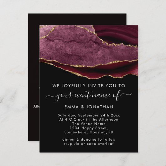 Carte Mariage événement QR Code Black Burgundy Marsala G (Devant / Derrière)