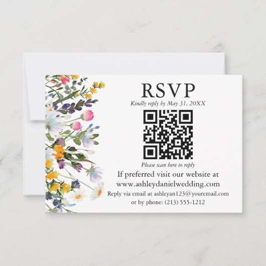 Carte Mariage Fleur sauvage aquarelle Sage vert QR RSVP (Devant)