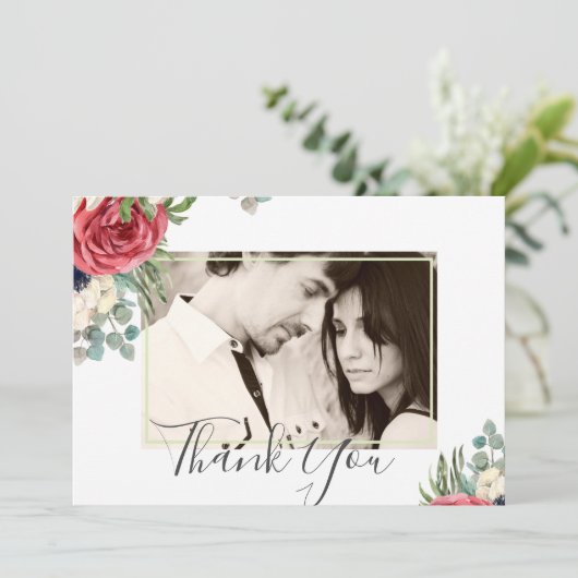 Carte Mariage Fleurs de Navy Rouge Profond et Eucalyptus (Debout devant)