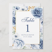 Carte Mariage floral bleu et or moderne Numéro de tablea (Dos)