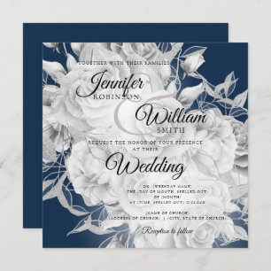 Carte Mariage floral élégant Silver & Navy simple