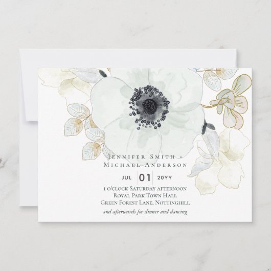 Carte Mariage floral or blanc marine (Devant)