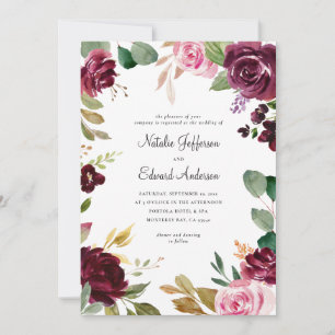 Carte Mariage floral rose, bordeaux et vert muet et figu